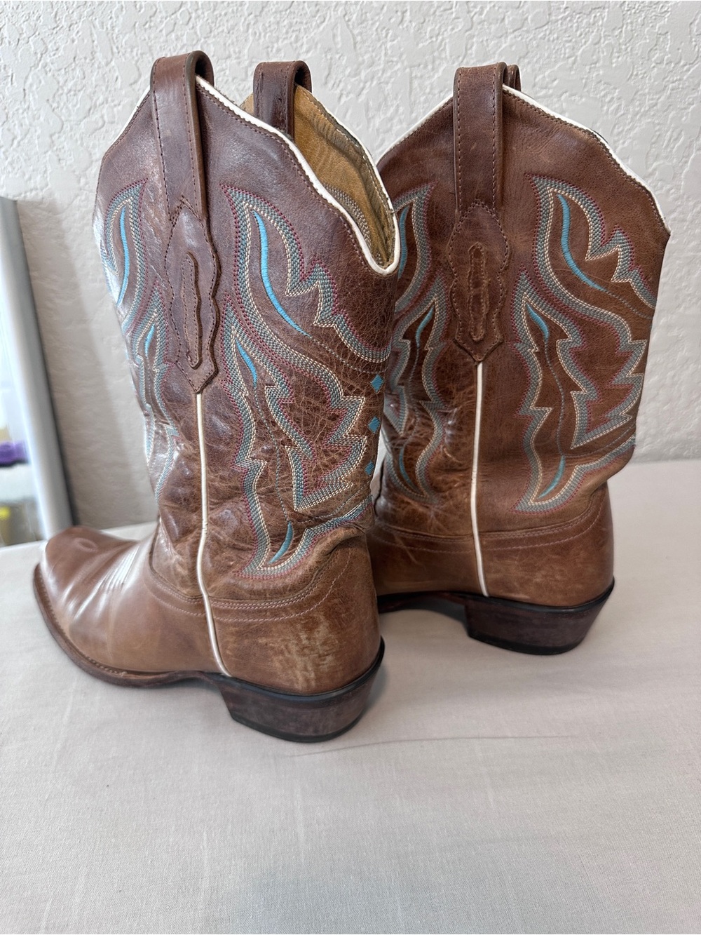 Old West 18006 Brown Leather Turquoise Embroidered Cowboy Boots 7.5 - Picture 7 of 9